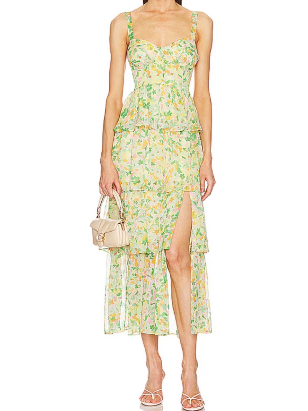 ASTR Midsummer Floral Tiered Maxi Dress in Yellow Green Floral Size Medium